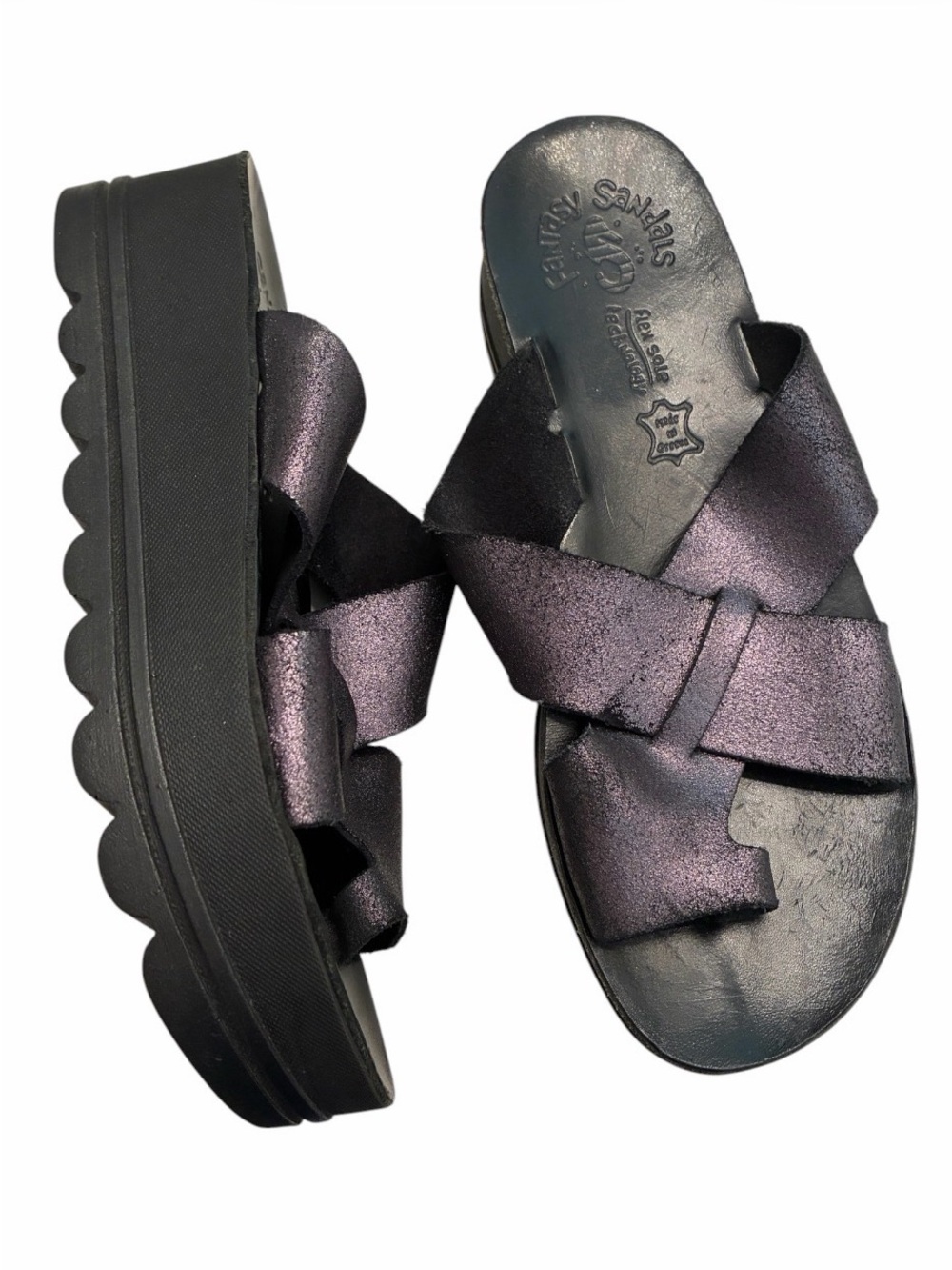 Fantasy Sandals Greece Gunmetal Leather Clara Flex Sole Platform Sandals